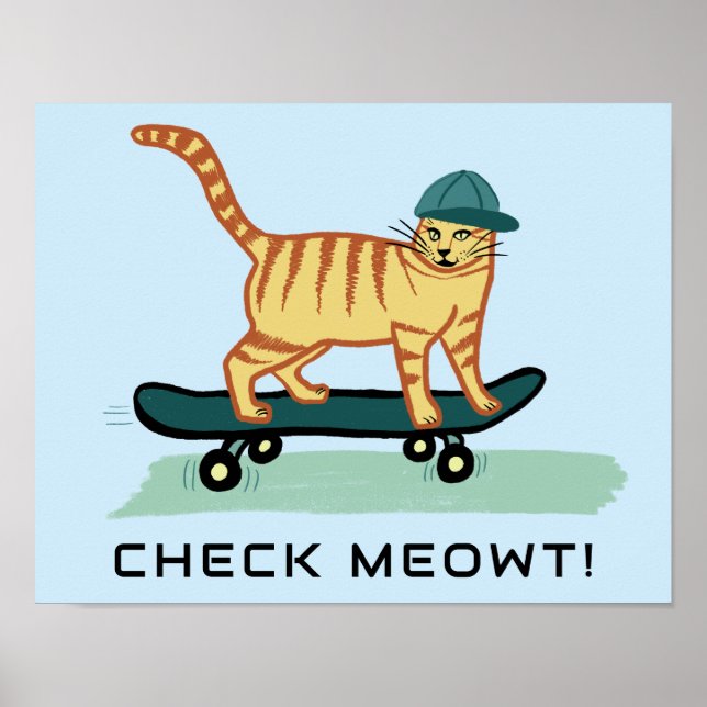 Skateboarding Tabby Cat Cute CUSTOM TEXT Nursery  Poster (Front)