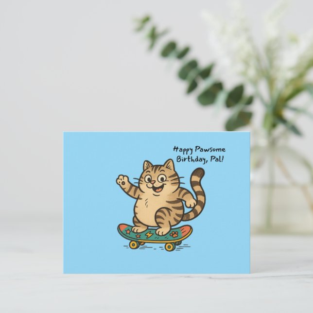 Skateboarding Tabby Cat HAPPY BIRTHDAY Postcard (Standing Front)