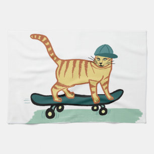 Skateboarding Tabby Cat Kitchen Towel