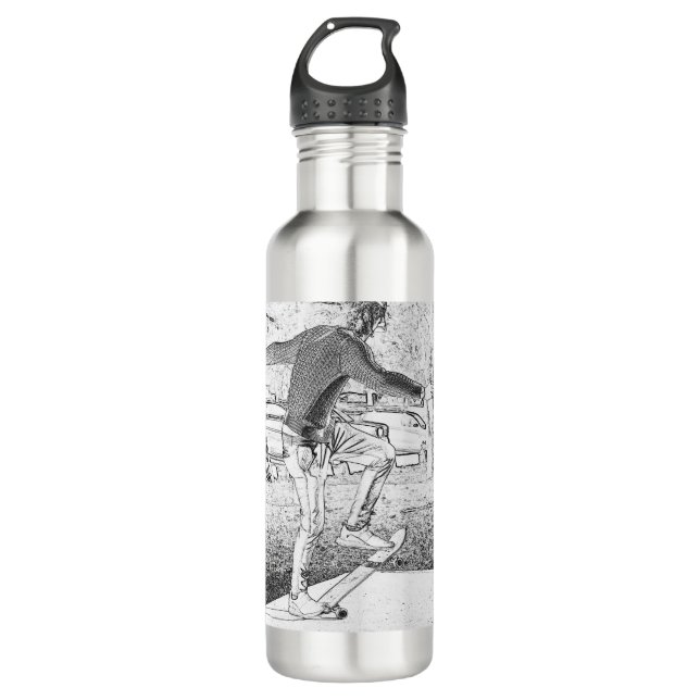 Skateboarding Trickster Sketch  Stainless Steel Water Bottle (Front)