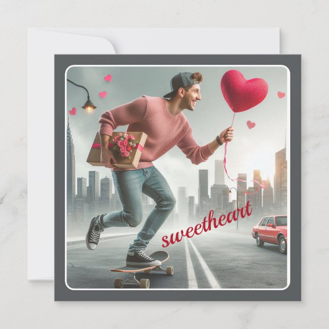 Skateboarding with Gift Sweetheart Valentine Holiday Card (Front)