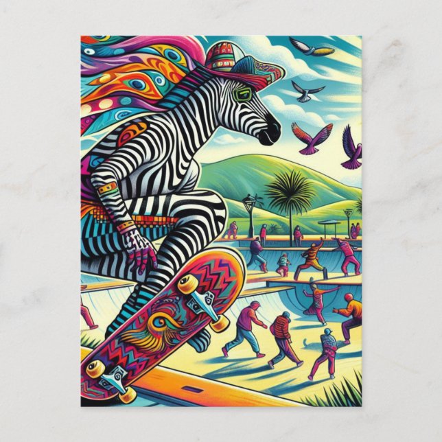 Skateboarding Zebra Colorful and Fun Postcard (Front)