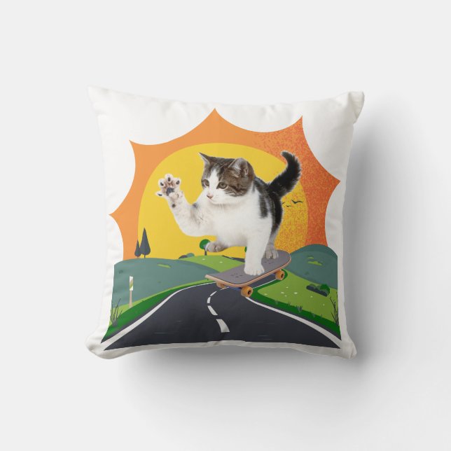 Skatebroading Cat Throw Pillow (Front)