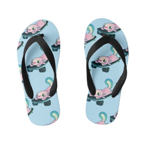 Skater Axolotl Skateboard Lovers Girl or Boy  Kids Flip Flops