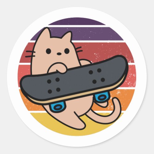 Skater Cat with Skateboard Vintage Sunset Classic Round Sticker