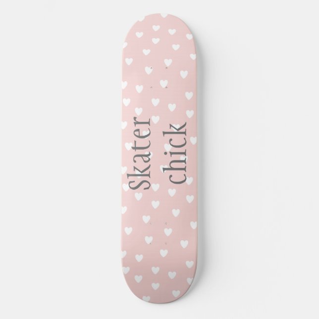 Skater Chick | Blush Pink with White Hearts Girls Skateboard Deck (Front)