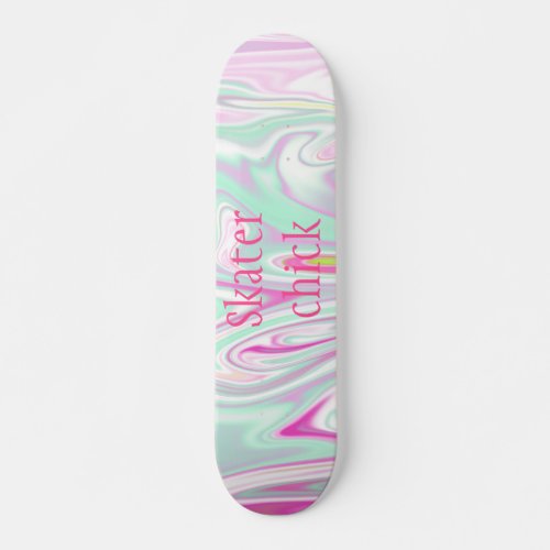 Skater Chick  Teal and Pink Marble Pattern Girls Skateboard
