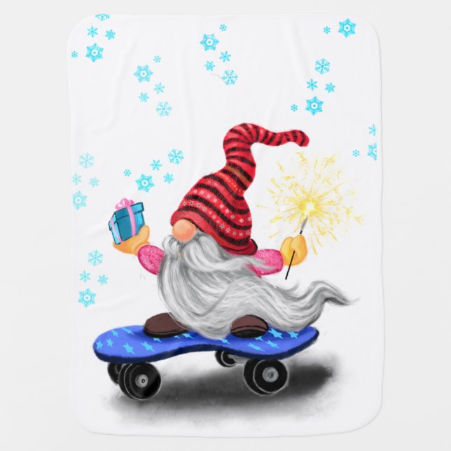 Skater Christmas Gnome Baby Blanket (Front)