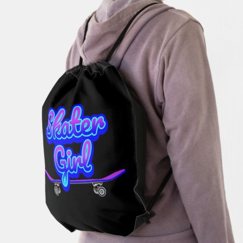 Skater Girl Blue Mauve Graffiti Glow Skateboard    Drawstring Bag