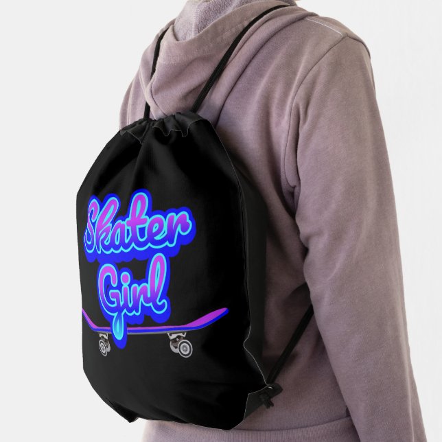 Skater Girl Blue Mauve Graffiti Glow Skateboard    Drawstring Bag (Insitu)