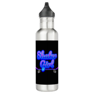 Skater Girl Blue Mauve Graffiti Glow Skateboard Stainless Steel Water Bottle