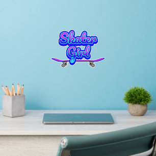 Skater Girl Blue Mauve Graffiti Glow Skateboard Wall Decal