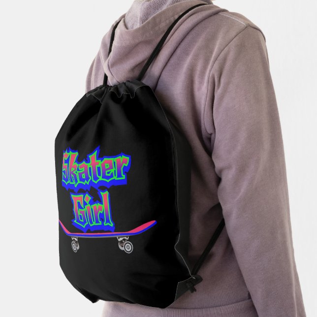 Skater Girl Blue Pink Graffiti Glow Skateboard     Drawstring Bag (Insitu)