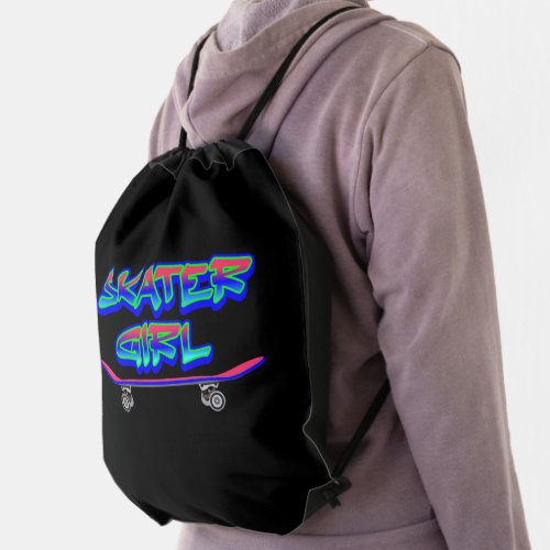 Skater Girl Blue Pink Graffiti Glow Skateboard     Drawstring Bag