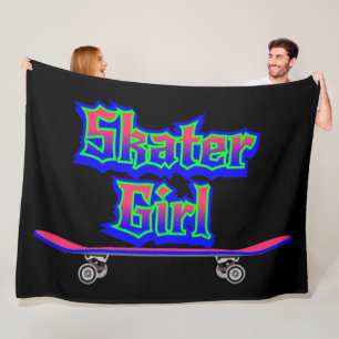 Skater Girl Blue Pink Graffiti Glow Skateboard Fleece Blanket