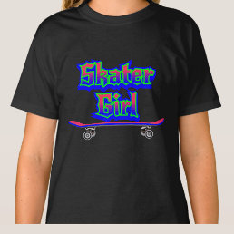 Skater Girl Blue Pink Graffiti Glow Skateboard T-Shirt