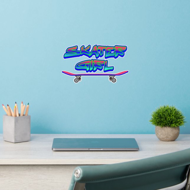 Skater Girl Blue Pink Graffiti Style Skateboard  W Wall Decal (Home Office 2)
