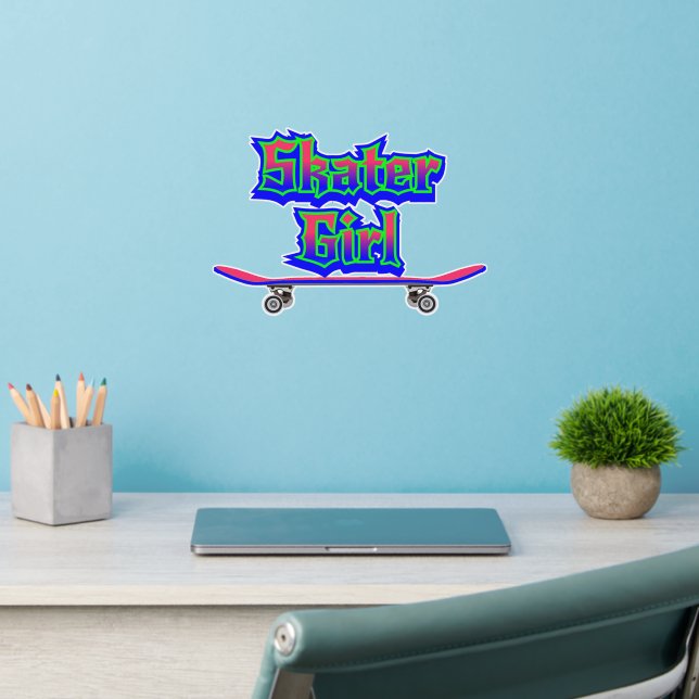 Skater Girl Blue Pink Graffiti Style Wall Decal (Home Office 2)