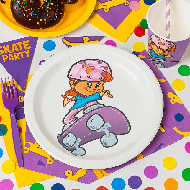 Skater Girl Fun Pink Helmet Skateboard Paper Plates (Creator Uploaded)