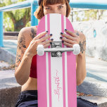 Skater Girl Pink White Racing Stripes Monogrammed Skateboard<br><div class="desc">Create your own custom, personalized, classic girly pink and white racing stripes, cool, stylish, classy elegant typography script, best quality hard-rock maple competition shaped skateboard deck. To customize, simply type in your name / monogram / initials. While you add / design, you'll be able to see a preview of your...</div>
