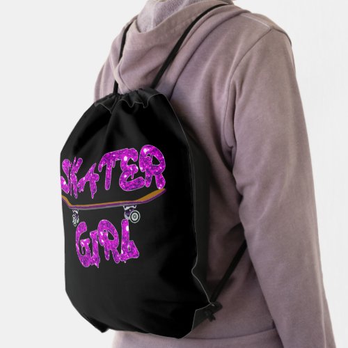 Skater Girl Purple Pink Skateboard                 Drawstring Bag