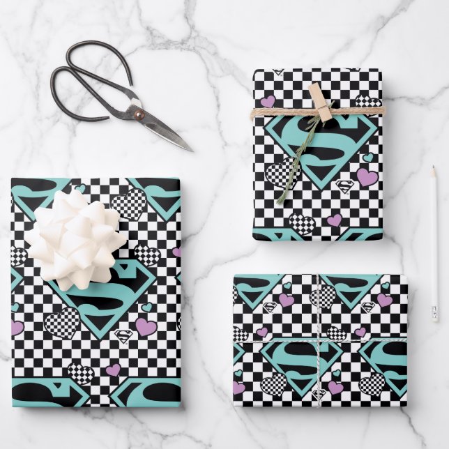 Skater Girl Supergirl Hearts S-Shield Wrapping Paper Sheets (Front)
