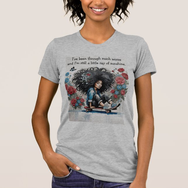 Skater Girl With Afro "Little Ray of Sunshine" T-Shirt (Front)