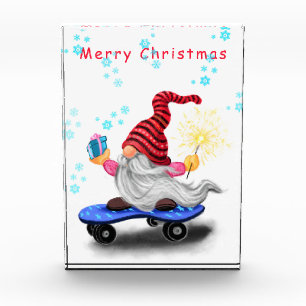 Skater Gnome with Gift Christmas Photo Block