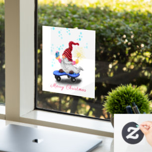 Skater Gnome with Gift Christmas Window Cling
