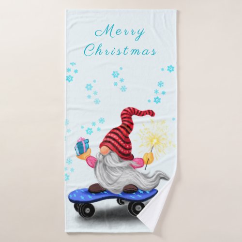 Skater Gnome with Gifts and Sparkler Christmas Fun Bath Towel Set