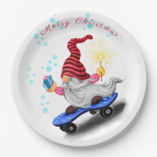 Skater Gnome with Gifts and Sparkler - Christmas Paper Plates