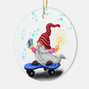 Skater Gnome with Gifts Christmas Ornament