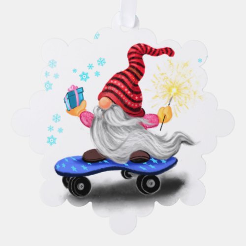 Skater Gnome with Gifts Christmas Ornament Card