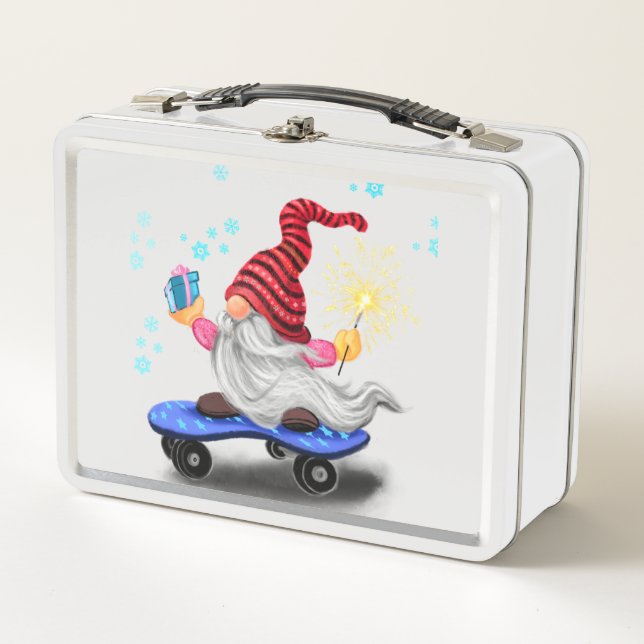 Skater Gnome with Gifts Metal Lunch Box Christmas (Front)