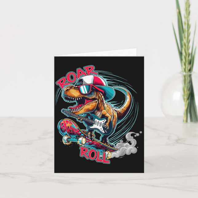 Skater Guitar T-rex Roar Roll Dinosaur For Boys Me Card (Front)