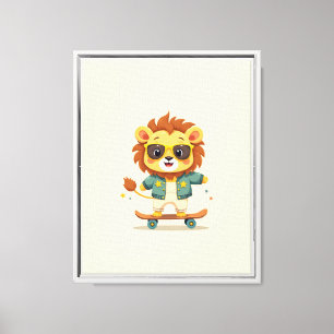 Skater Lion Framed Canvas   Cool Kids Room Art Print