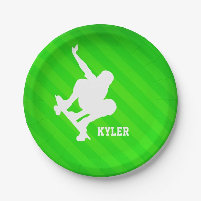 Skater; Neon Green Stripes Paper Plates (Front)