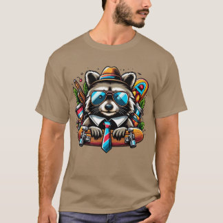 Skater Raccoon  Cool Animal with Backpack and Skat T-Shirt