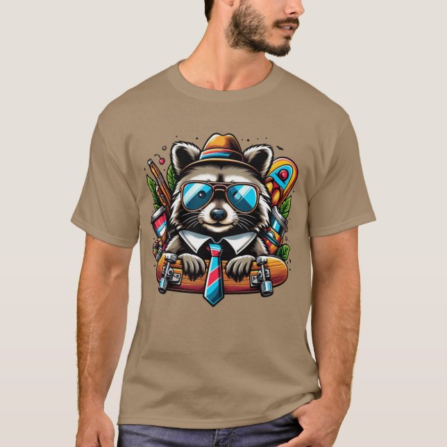 Skater Raccoon  Cool Animal with Backpack and Skat T-Shirt (Front)