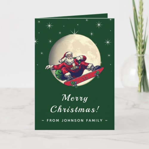 Skater Santa Skating to the Moon Magical Sparkly Card