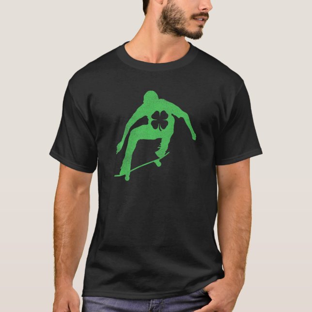 Skater Skateboard  St Patrick's Day Shamrock Lucky T-Shirt (Front)