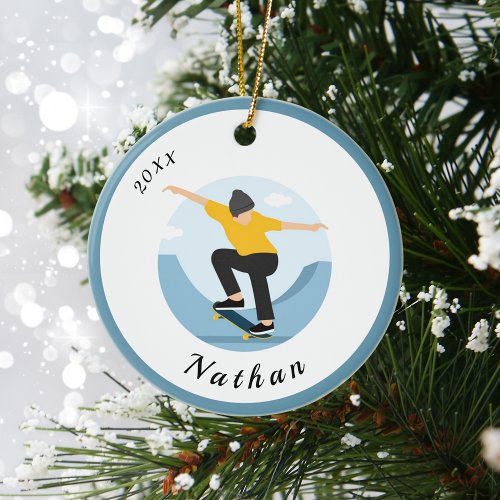 Skater Skateboarding Boy Custom Kid Name &amp; Year Ceramic Ornament