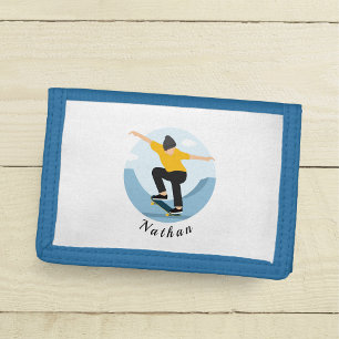 Skater Skateboarding Silhouette Kid's Boy Name Tri-fold Wallet