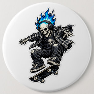 Skater Skeleton with Blue Flame Hair Sticker Button