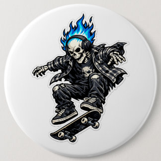 Skater Skeleton with Blue Flame Hair Sticker Button