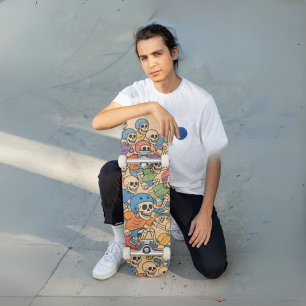Skater Skeletons Colorful Cartoon Skull Crew Skateboard