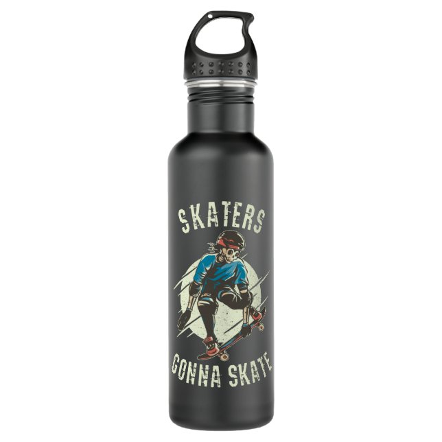 Skaters gonna Skate Skeleton Skateboarder Stainless Steel Water Bottle (Front)