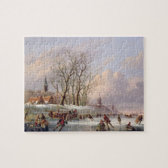 Skaters on a Frozen River before Windmills (oil on Jigsaw Puzzle (Horizontal)