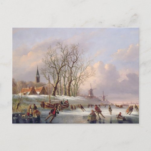 Skaters on a Frozen River before Windmills oil on Postcard