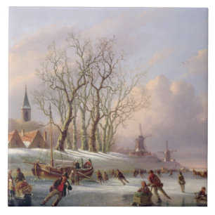 Skaters on a Frozen River before Windmills (oil on Tile